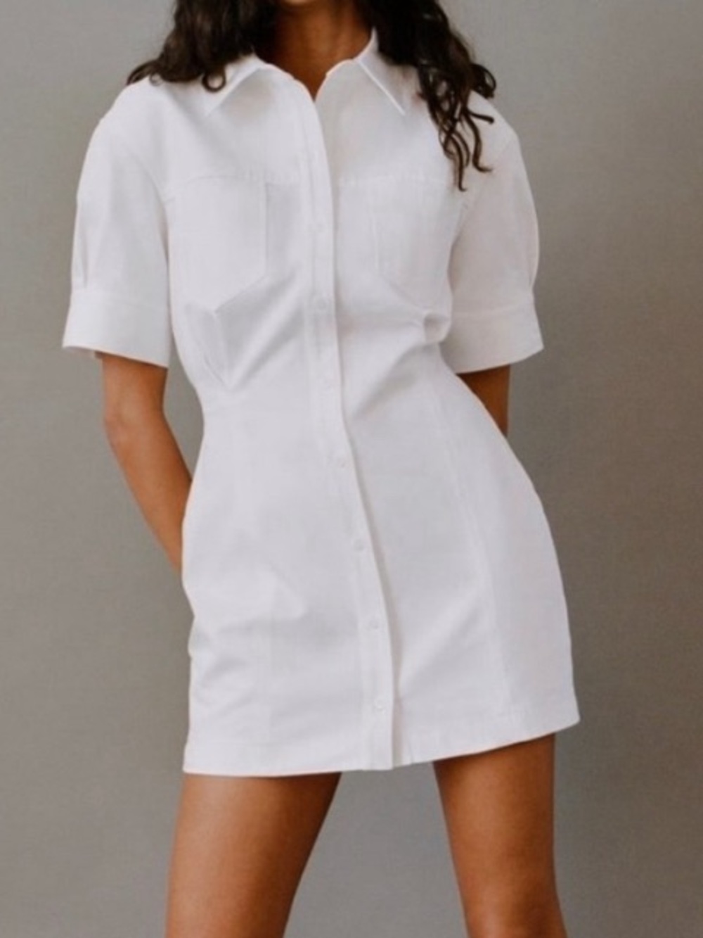 Zara White Short-Sleeve Button Mini Dress Size XS